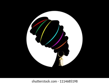 portrait beautiful African woman in traditional turban, Afro colorful silhouette. Concept design for beauty salons, spa, cosmetics, fashion, beauty industry. Vector red logo icon diadem label isolated