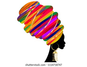 portrait beautiful African woman in traditional turban, Kente head wrap African, Traditional dashiki printing, black women vector silhouette isolated with traditional gold earrings, hairstyle concept