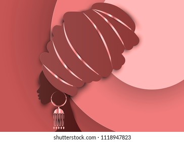 portrait beautiful African woman in traditional turban, Kente head wrap African, Traditional dashiki printing, black women vector silhouette with traditional gold earrings, in paper cut origami style