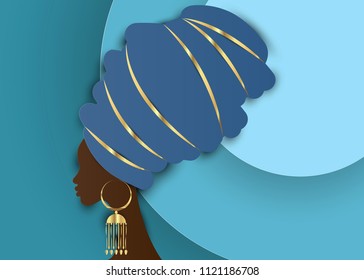 portrait beautiful African woman in traditional turban, Kente head wrap African, Traditional dashiki. Blue paper women vector silhouette with traditional gold earrings, in paper cut origami style