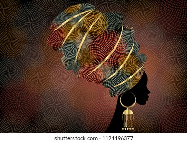 portrait beautiful African woman in traditional turban, Kente head wrap African, Traditional dashiki printing, black women vector silhouette, batik , with traditional gold earrings, hairstyle concept