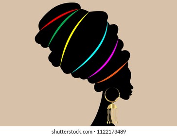 portrait beautiful African woman in traditional turban, Kente head wrap African, Traditional dashiki, black women vector silhouette isolated with traditional gold earrings, hairstyle concept