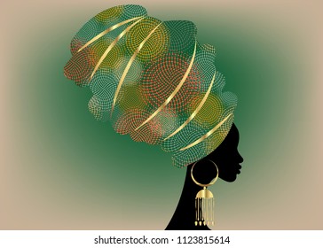 portrait beautiful African woman in traditional turban, Kente head wrap African, Traditional dashiki printing, black women vector silhouette isolated with traditional gold earrings, hairstyle concept