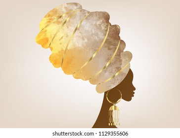 portrait beautiful African woman in traditional turban, Kente head wrap African, Traditional dashiki printing, black women vector silhouette isolated with traditional gold earrings, hairstyle concept