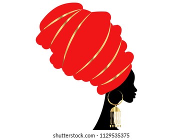 portrait beautiful African woman in traditional turban, Kente head wrap African, Traditional dashiki printing, black women vector silhouette isolated with traditional gold earrings, hairstyle concept