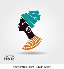 Portrait beautiful African woman in traditional turban. Vectot flat icon