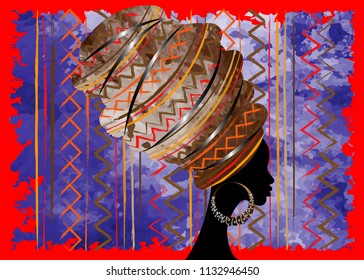 portrait beautiful African woman in traditional turban, Kente head wrap African, Traditional dashiki printing, black afro women vector silhouette isolated with traditional batik, ethnic background