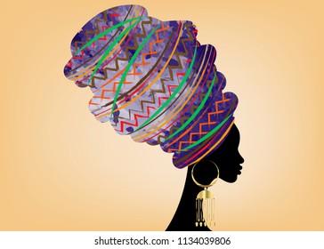 portrait beautiful African woman in traditional turban, Kente head wrap African, Traditional dashiki printing, black afro women vector silhouette isolated with traditional batik, Afro ethnic fabric