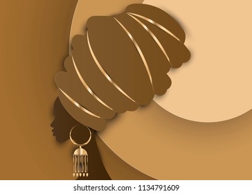 Portrait beautiful African woman in traditional turban, Kente head wrap African, Traditional dashiki. Brown paper women vector silhouette with traditional gold earrings, in paper cut origami style