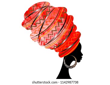 portrait beautiful African woman in traditional turban, Kente head wrap African, Traditional dashiki printing, black women vector silhouette isolated with traditional bone earrings, hairstyle concept