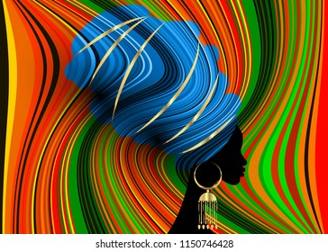 portrait beautiful African woman in traditional turban, Kente head wrap African, Traditional dashiki printing, Afro women vector black silhouette with traditional gold earrings, multi color background