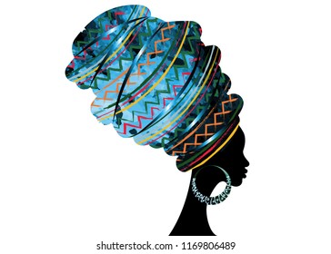 portrait beautiful African woman in traditional turban, Kente head wrap African, Traditional dashiki printing, black women vector silhouette isolated with traditional bone earrings, hairstyle concept