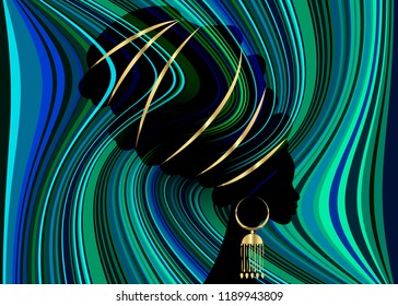 portrait beautiful African woman in traditional turban, Kente head wrap African, Traditional dashiki printing, Afro women vector black silhouette with traditional gold earrings, multi color background