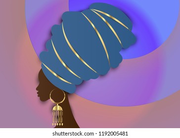 portrait beautiful African woman in traditional turban, Kente head wrap Afro, Traditional dashiki printing, black women vector silhouette with traditional gold earrings, in paper cut origami style