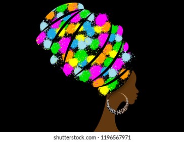 portrait beautiful African woman in traditional turban, Kente head wrap Afro, Traditional dashiki printing, black women vector silhouette isolated with traditional bone earrings, hairstyle concept