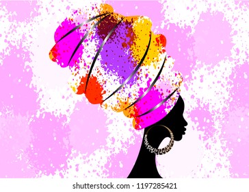 portrait beautiful African woman in traditional turban, Kente head wrap Afro Traditional dashiki printing, black women vector silhouette isolated with  bone earrings, hairstyle concept, splatter style