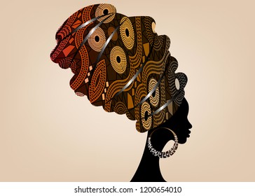 portrait beautiful African woman in traditional turban, Kente head wrap African, Traditional dashiki printing, black women vector silhouette isolated with traditional earrings, Afro hairstyle concept