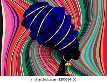 portrait beautiful African woman in traditional turban, Kente head wrap African, Traditional dashiki printing, Afro women vector black silhouette with traditional gold earrings, multi color background