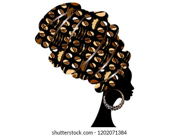 portrait beautiful African woman in traditional turban, Kente head wrap. Mali Bogolan mud cloth, ethnic dashiki printing, black women vector silhouette isolated with earrings, Afro homespun  fabric 