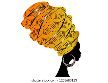 portrait beautiful African woman in traditional turban, Kente head wrap. Mali Bogolan mud cloth, ethnic dashiki printing, black women vector silhouette isolated with earrings, homespun fabric 