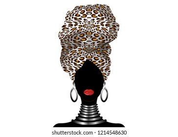 Portrait beautiful African woman in traditional turban, Kente head wrap, dashiki printing, black Afro scarf vector silhouette. Africa batik, ethnic leopard decoration cloth, hairstyle concept logo 