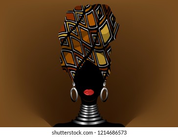 Portrait beautiful African woman in traditional turban, Kente head wrap, dashiki printing, Afro women scarf vector silhouette Africa batik ethnic geometric decoration Brown color cloth, hairstyle 