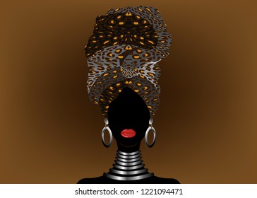 Portrait beautiful African woman in traditional turban, Kente head wrap, dashiki printing, black Afro scarf vector silhouette. Africa batik, ethnic leopard decoration cloth, hairstyle concept logo 