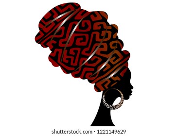 portrait beautiful African woman in traditional turban, Kente head wrap. Mali Bogolan mud cloth, ethnic dashiki printing, black women vector silhouette isolated with earrings, homespun fabric 