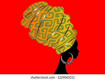 portrait beautiful African woman in traditional turban, Kente head wrap African, Traditional dashiki printing, black afro women vector silhouette isolated with traditional batik, red ethnic background