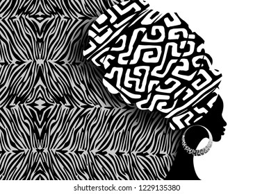 portrait beautiful African woman in traditional turban, Kente head wrap African, Traditional dashiki printing, black afro women vector silhouette with ethnic zebra texture, vector batik background 