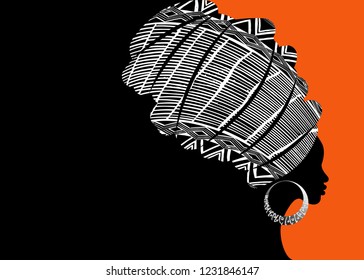 portrait beautiful African woman in traditional turban, Kente head wrap African, Traditional dashiki printing, black afro women vector silhouette isolated with traditional batik, ethnic background