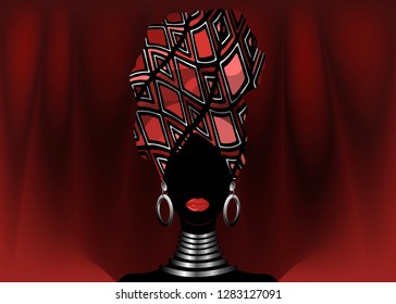 Portrait beautiful African woman in traditional turban, Kente head wrap, dashiki printing, Afro women scarf vector silhouette Africa batik ethnic geometric decoration red color cloth, hairstyle 