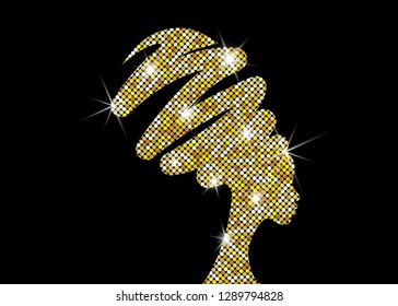 portrait beautiful African woman in traditional turban, luxury jewelery concept black women vector silhouette isolated or black background, glittering golden logo design hairstyle concept 