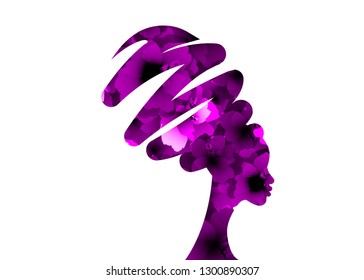 portrait beautiful African woman in traditional turban, black women vector silhouette isolated , logo design hairstyle concept, cutout silhouette of purple flowers