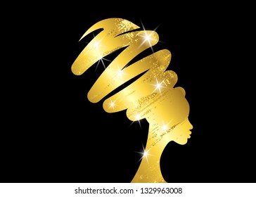 portrait beautiful African woman in traditional turban, golden luxury jewelery concept black women vector silhouette isolated or black background, gold leaf texture logo design hairstyle concept 