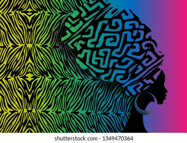 portrait beautiful African woman in traditional turban, Kente head wrap African, Traditional dashiki printing, black afro women vector silhouette with ethnic zebra texture, vector batik background 