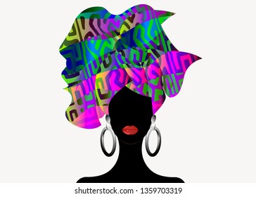 Portrait beautiful African woman in traditional turban, Kente head wrap, dashiki printing, Afro women scarf vector silhouette Africa batik ethnic geometric decoration Ankara style cloth, hairstyle