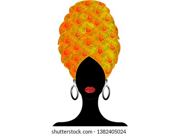 Portrait beautiful African woman in traditional turban, Kente head wrap, dashiki printing, Afro women scarf vector silhouette Africa batik ethnic flowers decoration Ankara style cloth, hairstyle