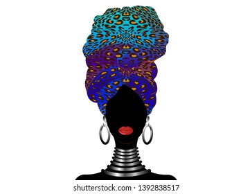 Portrait beautiful African woman in traditional turban, Kente head wrap, dashiki printing, black Afro scarf vector silhouette. Africa batik, ethnic leopard decoration cloth, hairstyle concept logo 
