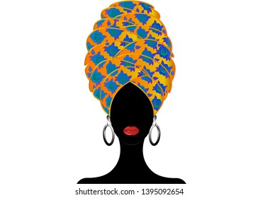 Portrait beautiful African woman in traditional turban, Kente head wrap, dashiki printing, Afro women scarf vector silhouette Africa batik ethnic flowers decoration Ankara style cloth, hairstyle
