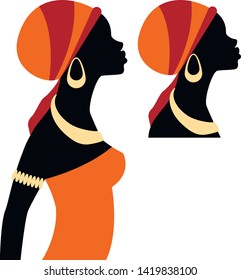 Portrait beautiful African woman in traditional turban. Face Woman Silhouette icon vector. Black women vector silhouette isolated with traditional earrings and necklace. - Векторная графика