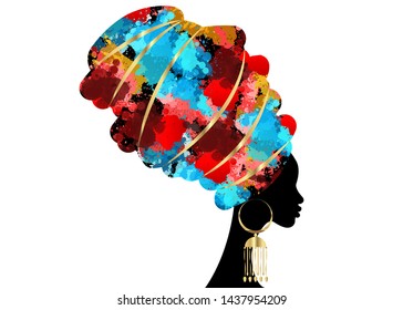 portrait beautiful African woman in traditional turban, Kente head wrap African, Traditional dashiki printing, black women vector silhouette isolated with traditional gold earrings, hairstyle concept