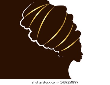 portrait beautiful African woman in traditional turban, Kente head wrap African, Afro silhouette, dashiki printing, black women vector silhouette isolated with traditional headdress, template brochure