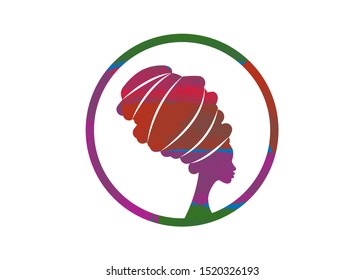 portrait beautiful African woman in traditional turban, black women vector silhouette isolated , colorful round logo design hairstyle concept , headdress Afro style icon