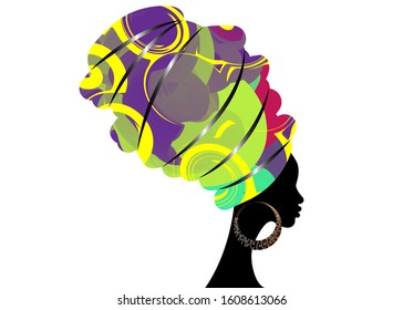 portrait beautiful African woman in traditional turban, Kente head wrap African, Traditional dashiki printing, black women vector silhouette isolated with traditional earrings, hairstyle concept