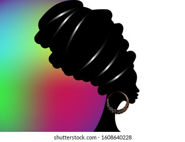 portrait beautiful African woman in traditional turban, Kente head wrap African, Traditional dashiki printing, black afro women vector silhouette isolated with traditional batik, ethnic background