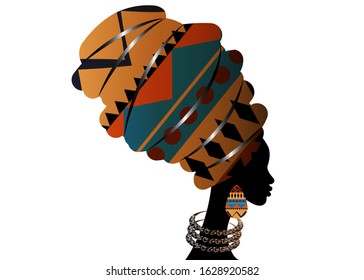 Portrait beautiful African woman in traditional turban wearing typical Afro ethnic jewelry. Ankara colorful texture Headwrap. Vector isolated or white background 