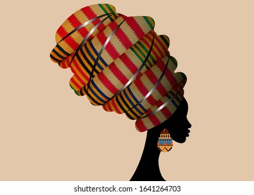 Portrait beautiful African woman in traditional turban wearing typical Afro ethnic jewelry. Ankara colorful texture Headwrap. Vector isolated or beige background 