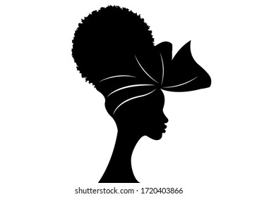 portrait beautiful African woman in traditional turban and Afro frizzy curly hair, black women vector silhouette isolated , logo design hairstyle concept 