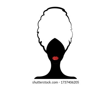 portrait beautiful African woman in traditional turban, red lips, black women vector silhouette isolated , logo design hairstyle, beauty concept, white background 